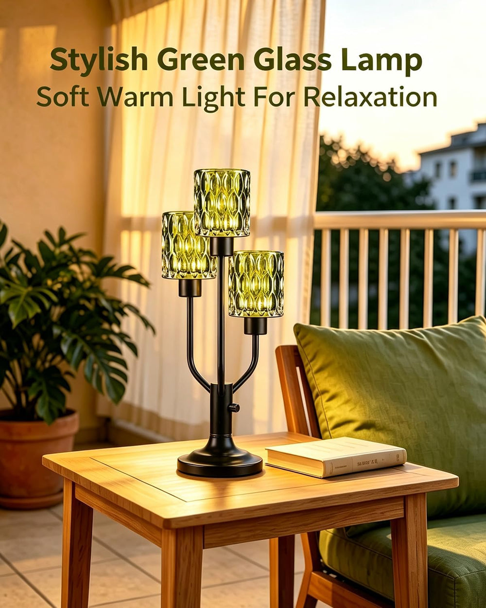 Mid Century Modern Green Glass Table Lamp Dimmable 3 Bulbs Included