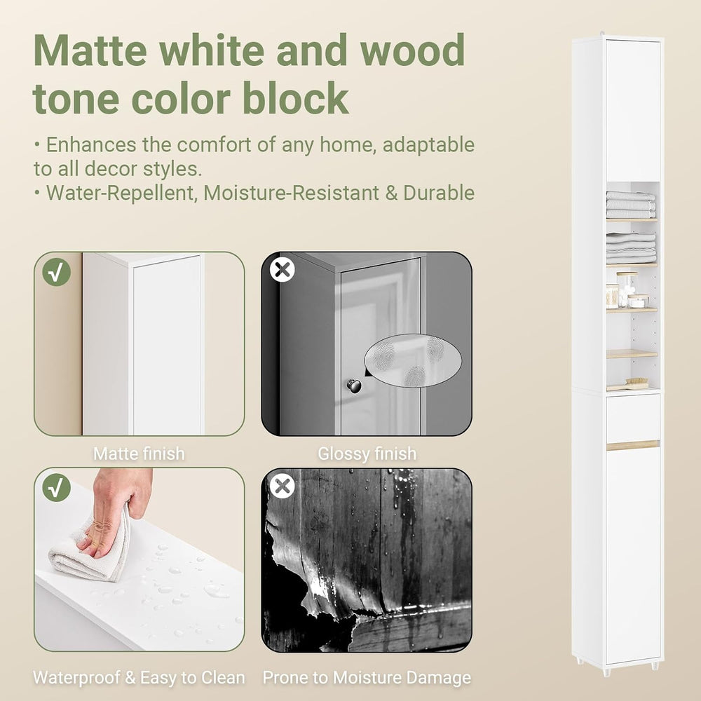 SoBuy Tall Bathroom Storage Cabinet, Narrow, White & Natural