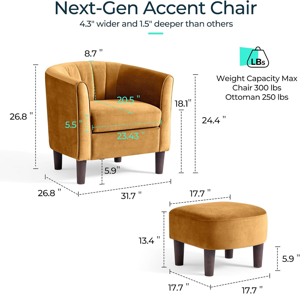 LINSY Accent Chair with Ottoman, Modern Armchair Comfy Barrel Reading Chair w...
