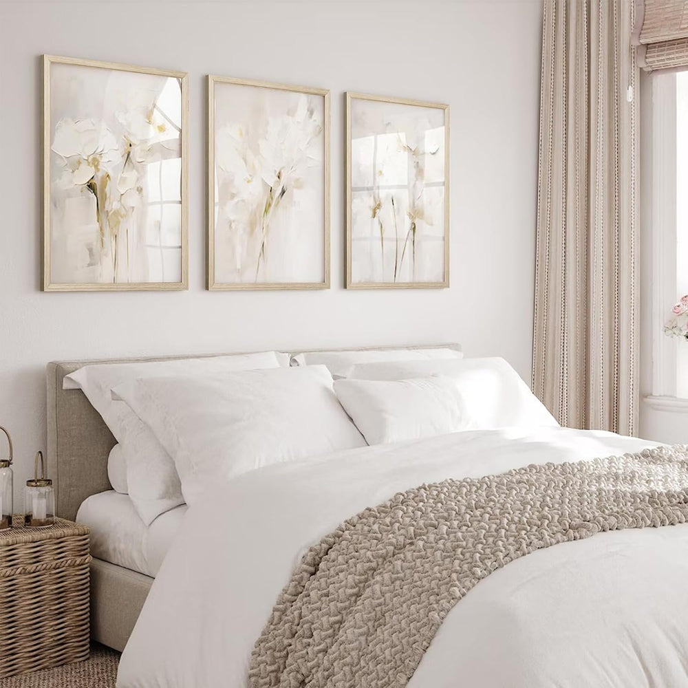 Neutral Wall Art Abstract Floral Canvas Pictures Beige Flower Wall Decor Mode...