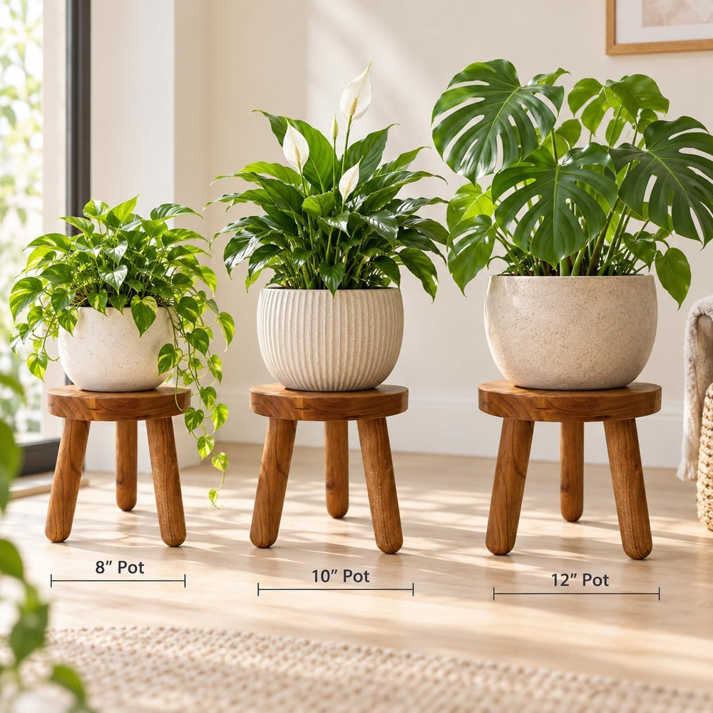 12" Teak Wood Plant Stool for Indoor Plants, Mid-Century Style