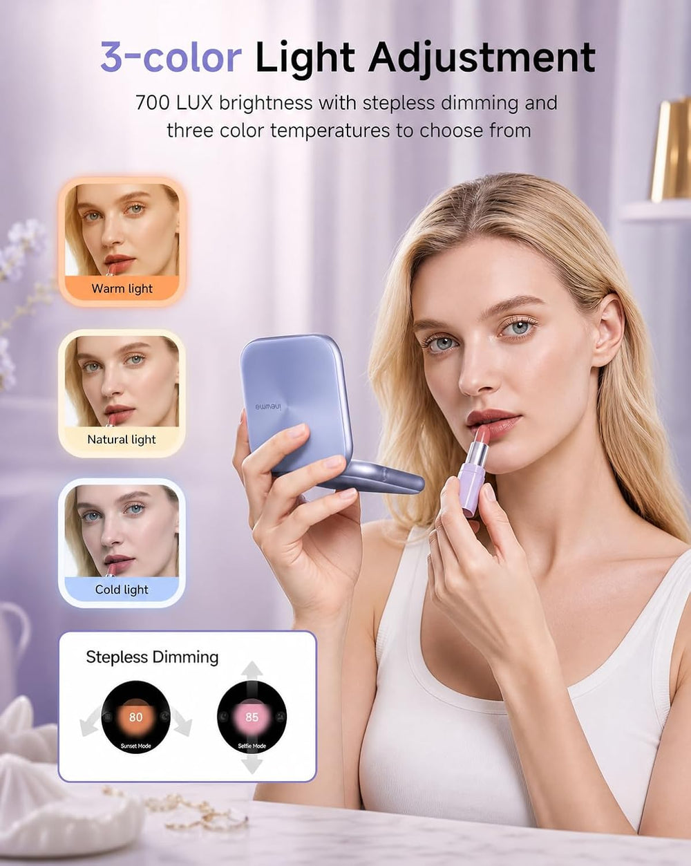 inewme UV Camera Makeup Mirror, LED Compact Mirror for Sunscreen Check