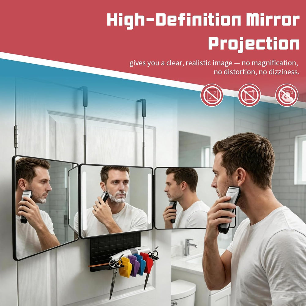 3 Way Mirror for Self Hair Cutting with Storage Shelf, LED Lights