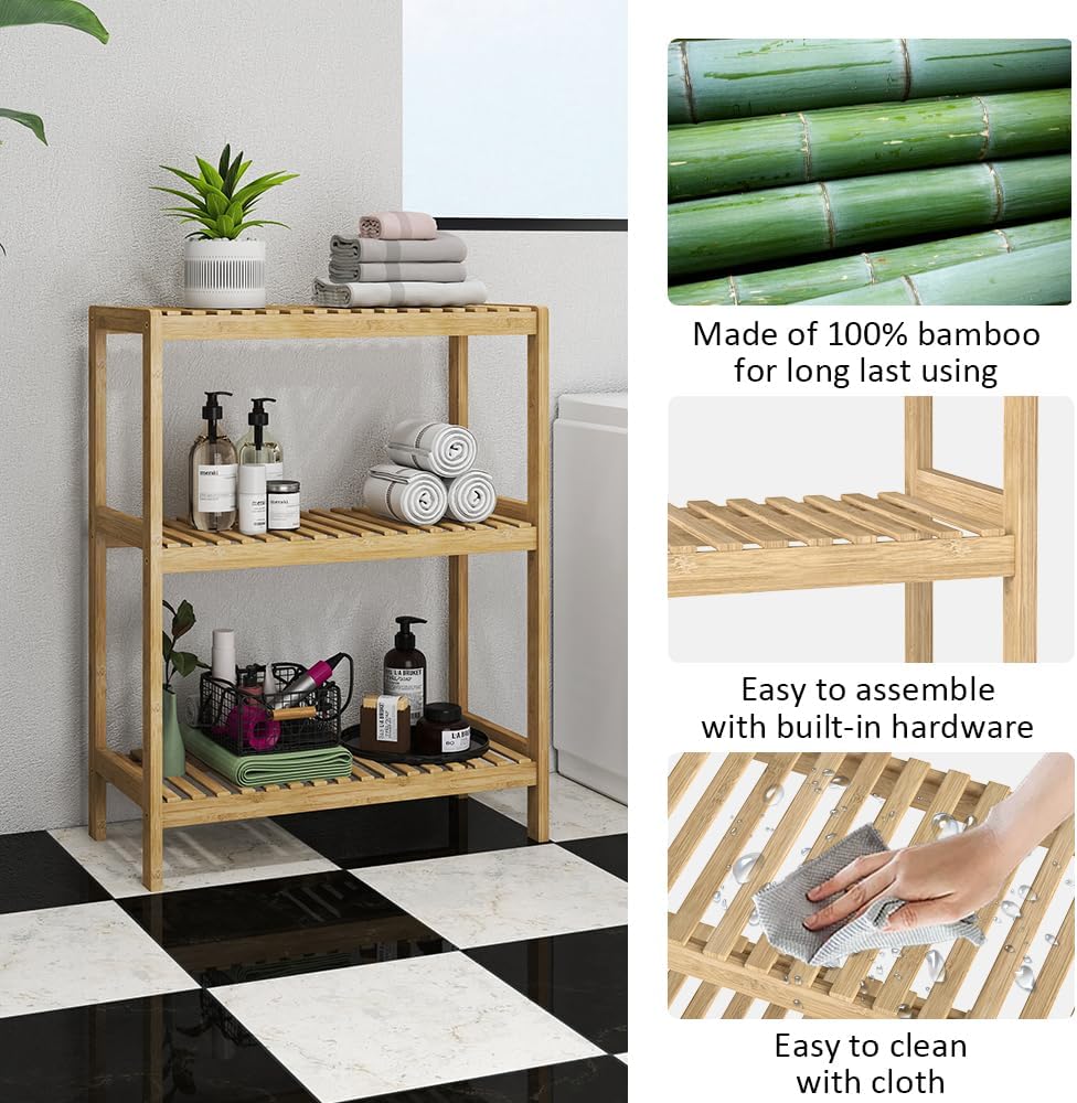 3-Tier Bamboo Freestanding Shelf Multi-use Small Bookshelf Bookcase