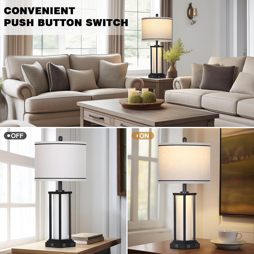 27" Tall Vintage Table Lamp Set of 2 with USB C+A & Outlet,Black Ind...