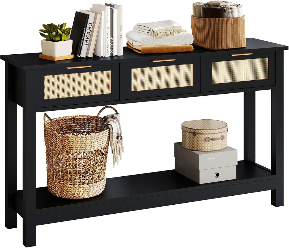 Luoxiao Rattan Console Table 3-Drawer 47" Narrow Black Entryway Sofa Table