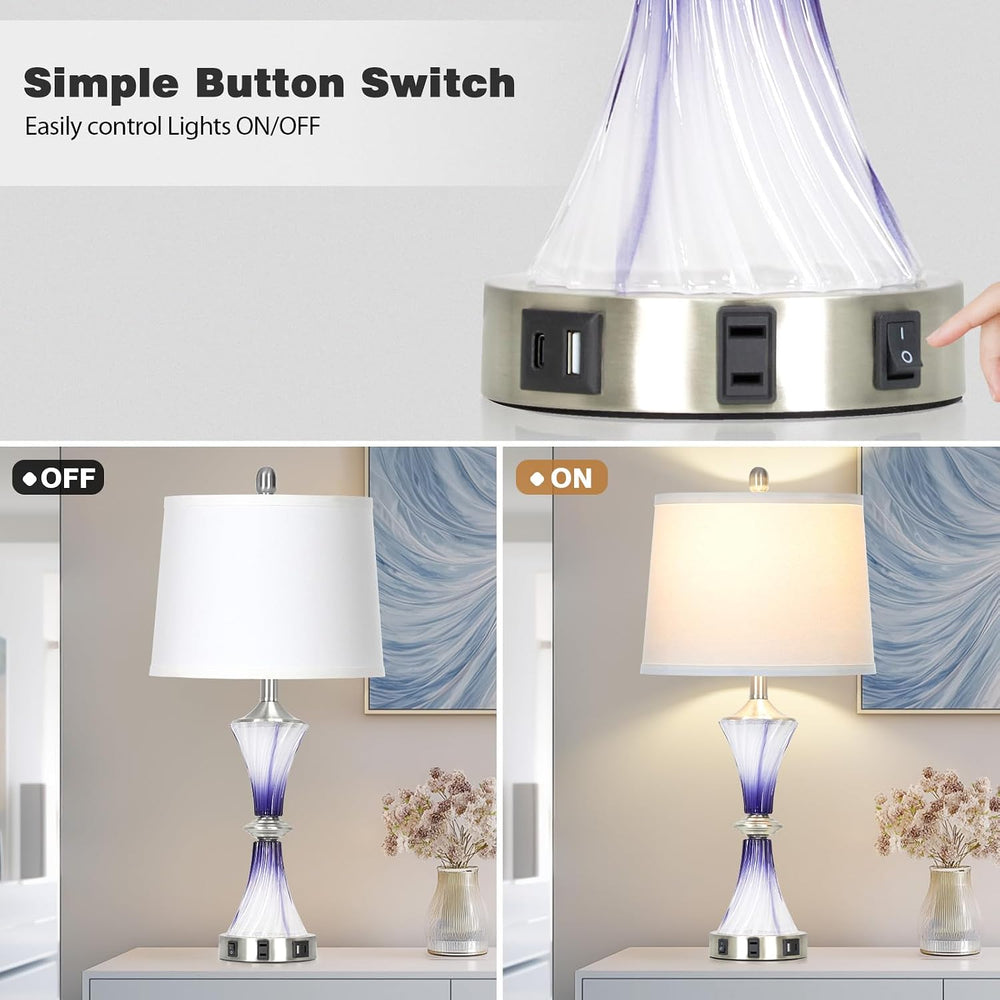 Rinweey Purple Glass Table Lamp Set of 2 with USB C+A Ports & AC Outlet, ...