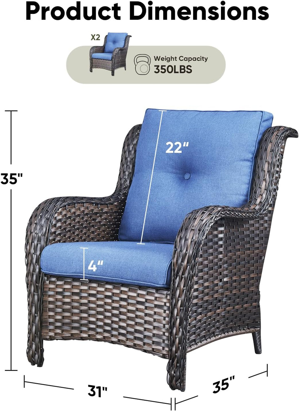 Rilyson Outdoor Wicker Patio Chairs Set of 2, High Back, Deep Seating, Wide A...