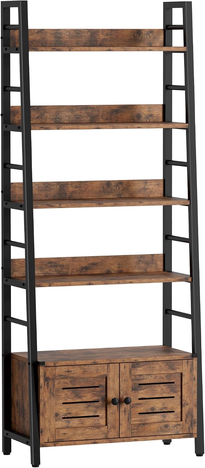 IRONCK 4 Tier Ladder Bookcase with Louvered Doors Rustic Brown