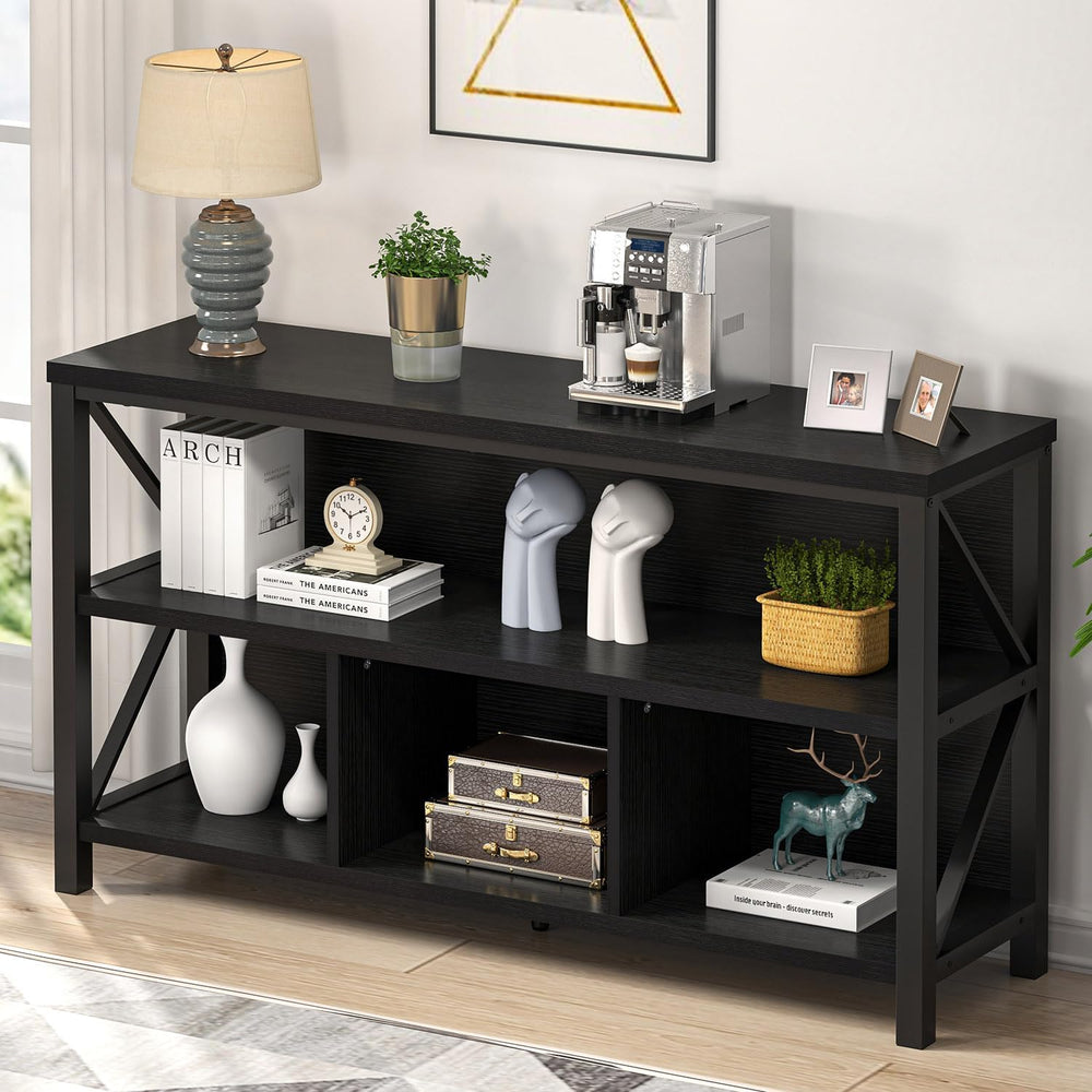 EXCEFUR Modern Black Horizontal Bookshelf, Industrial Wood & Metal Bookca...
