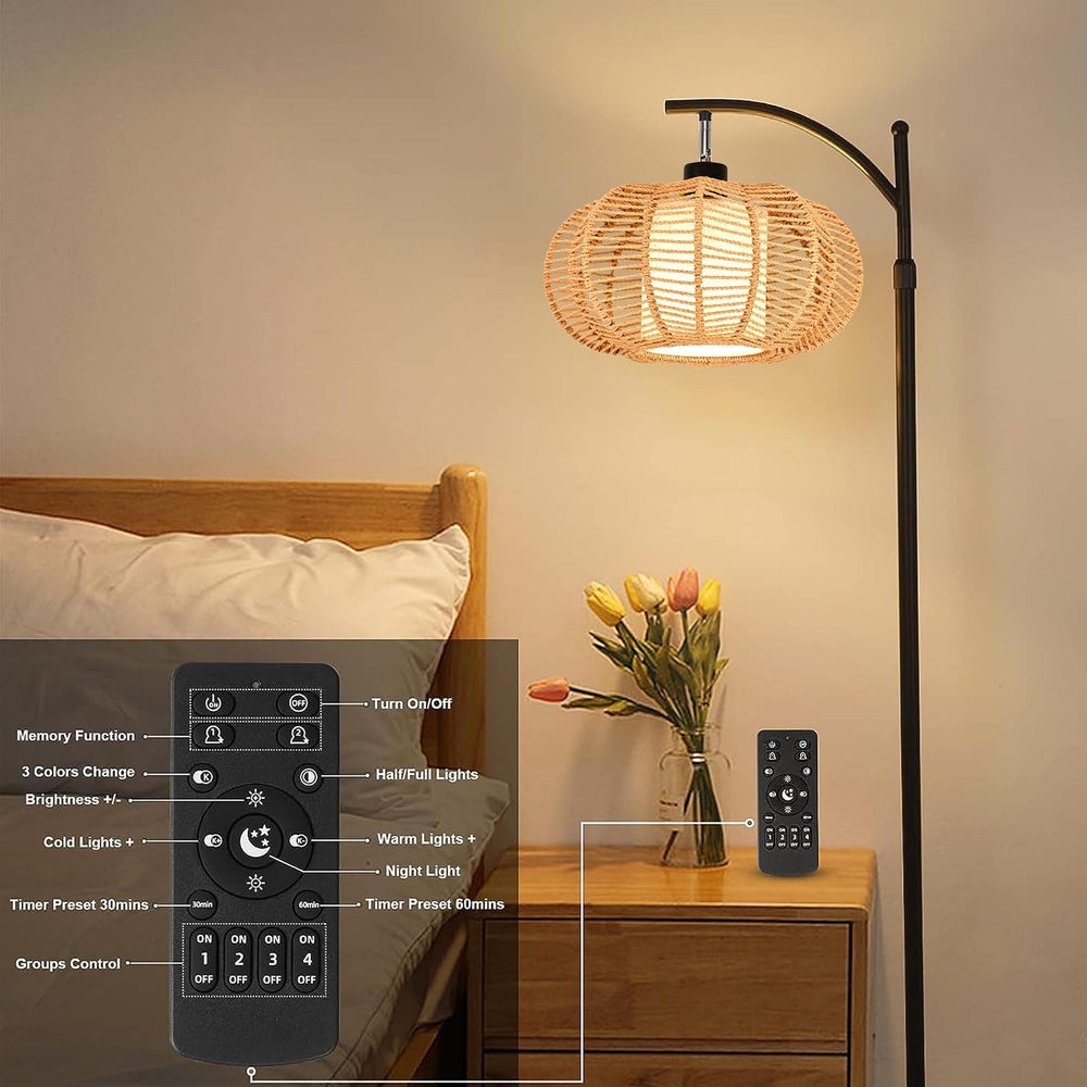 ZECOXOL Arc Floor Lamps for Living Room Bedroom Rattan Boho Floor Lamp with R...