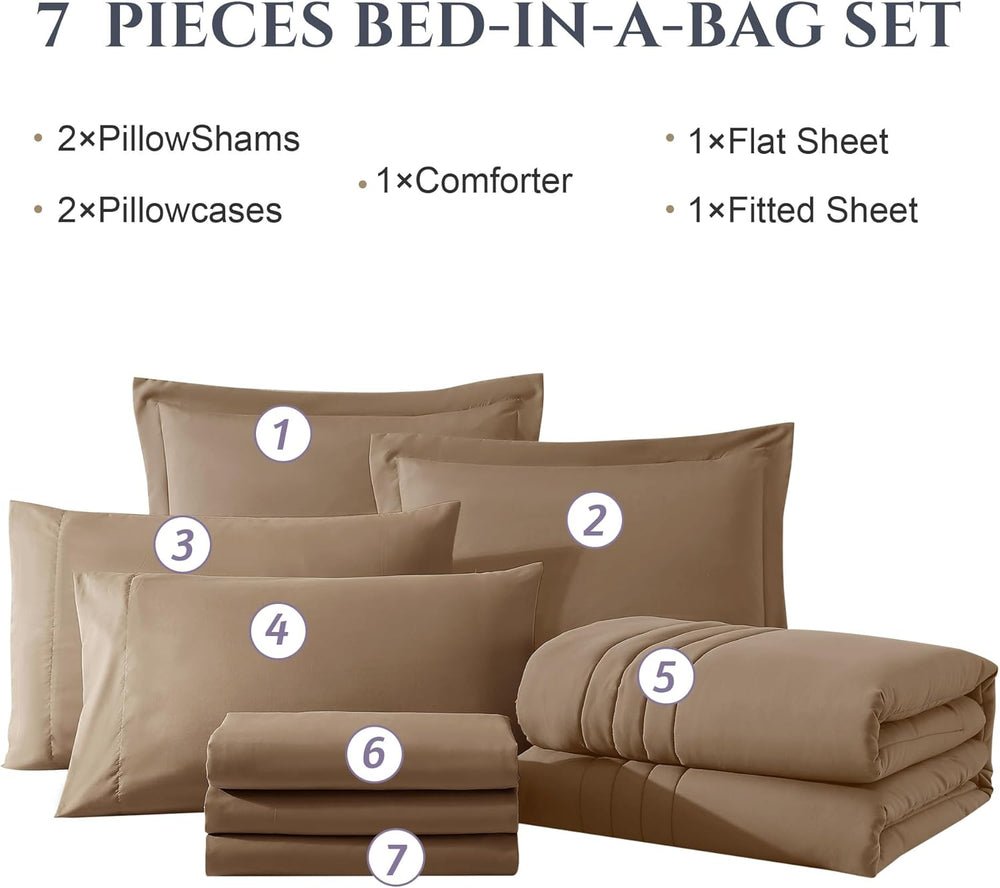 King Size Comforter Set-7 Pieces Brown Soft Bed in a Bag King Bedding Sets