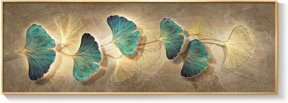 Framed Modern Luxury Narrow Wall Art for Living Room, Gold Teal Large Long Ho...