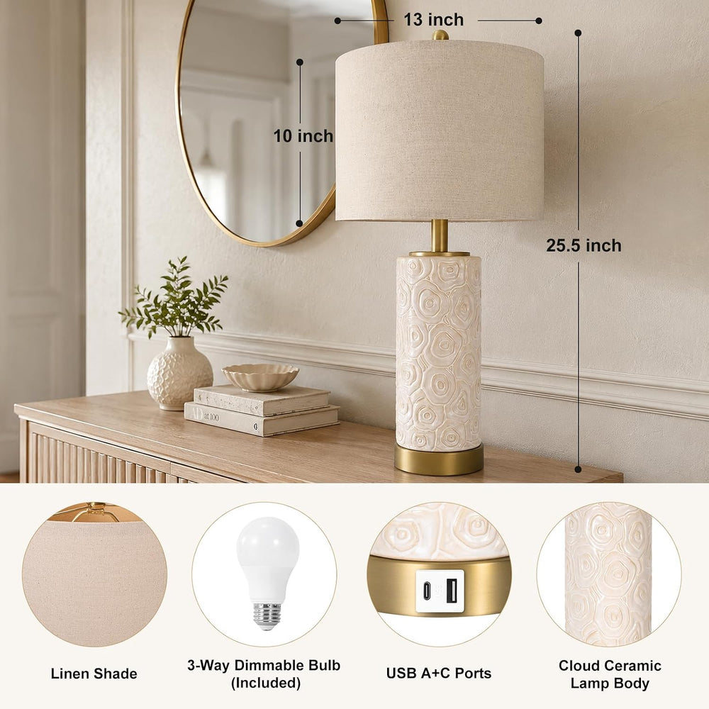 KIVDITZO 25.5" Boho Ceramic Table Lamps Set of 2 with 3-Way Dimmable Bulb