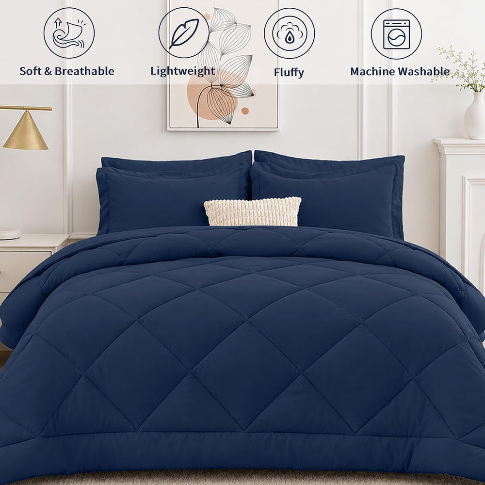 FUANNA Full Size Comforter Sets 7 PCS, Navy Blue Bed Set, Soft Bed in a Bag