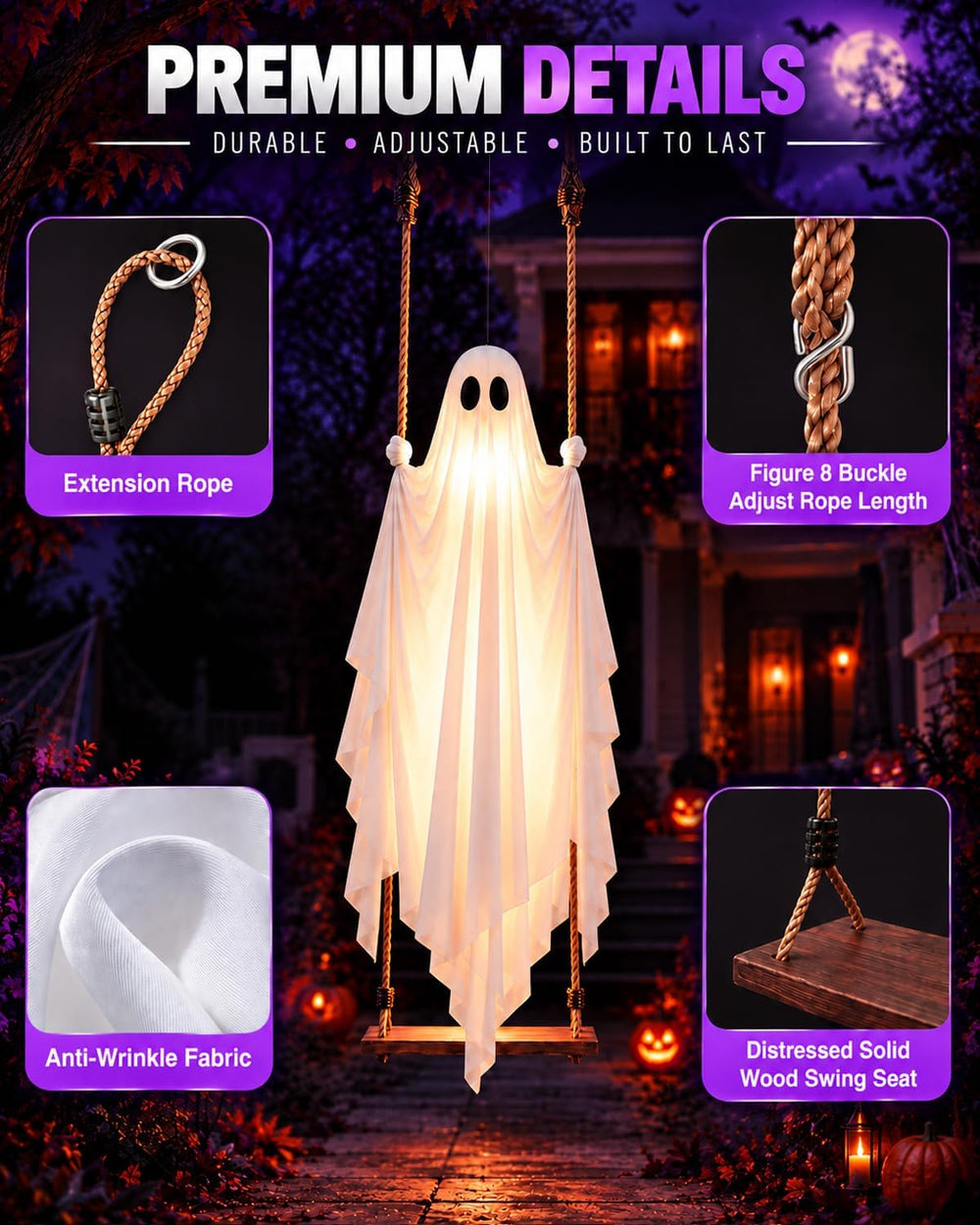 Halloween Decorations Outdoor, 4.5 FT Large Hanging Swinging Ghost Decor
