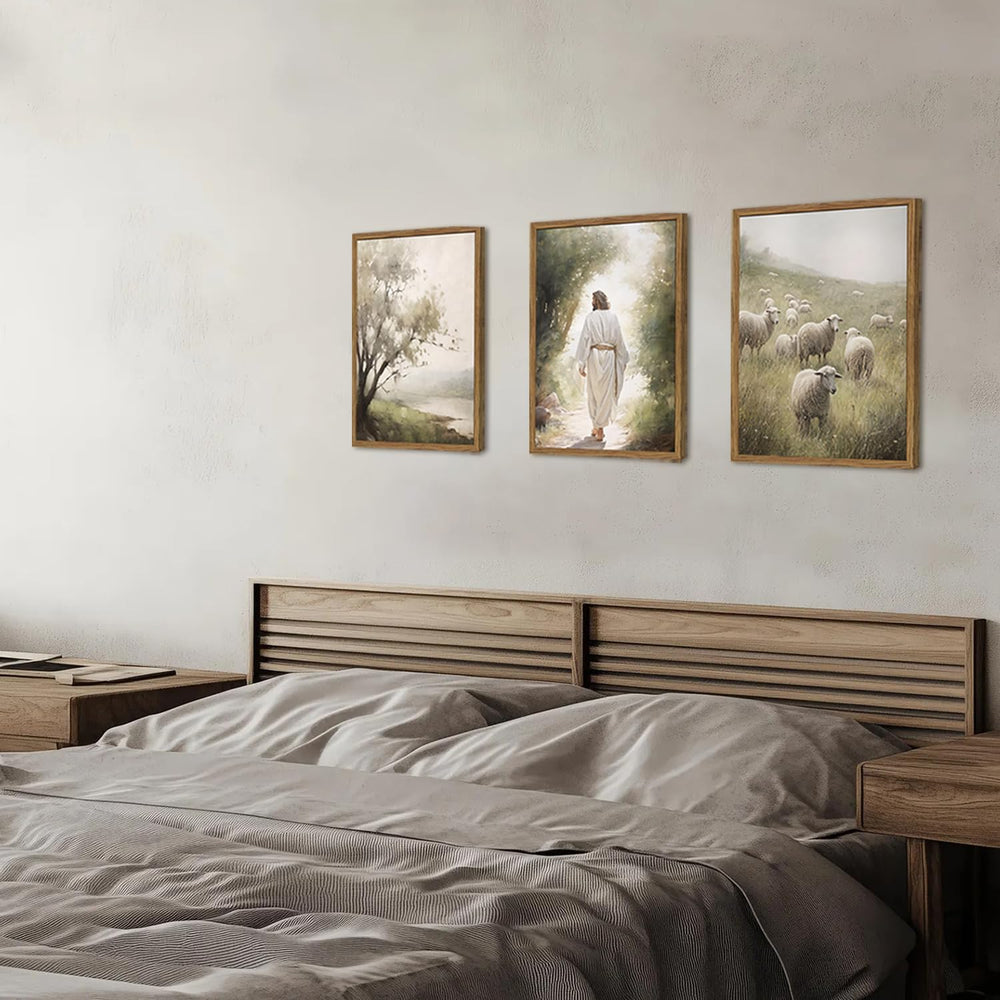 Framed Jesus Leaves the 99 Sheep Canvas Wall Art Set of 3, Christian Pictures...