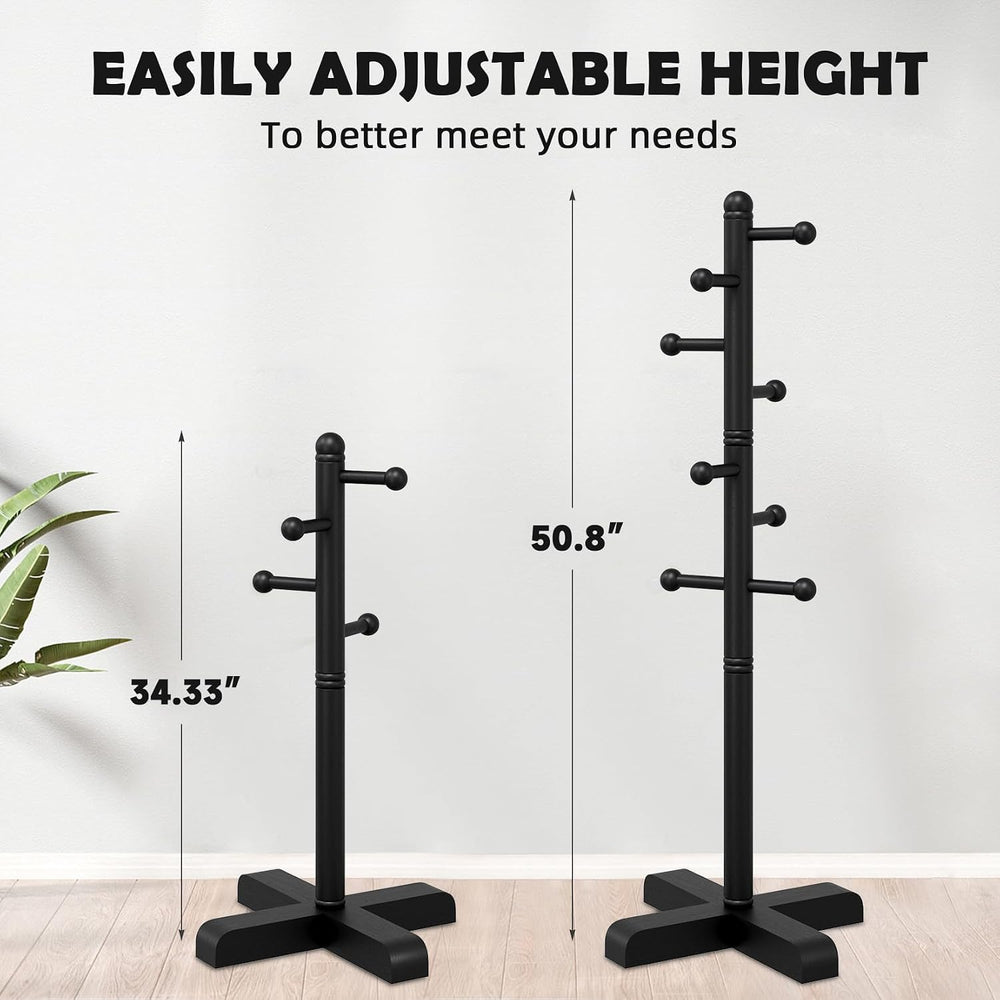 8-Hook Freestanding Wooden Coat Rack 2 Adjustable Heights BLACK