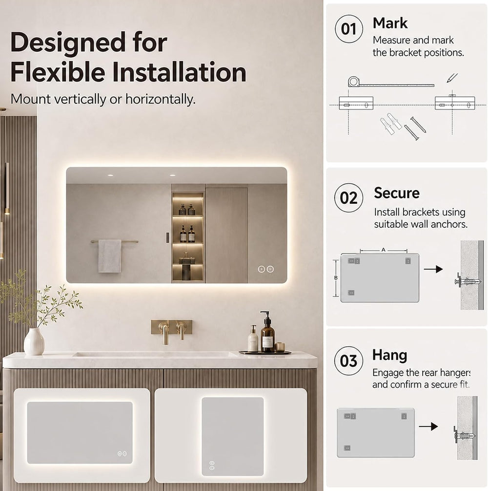 LAIYA 30 x 24 Inch Rectangular LED Bathroom Mirror, 24V Dimmable & Anti-Fog
