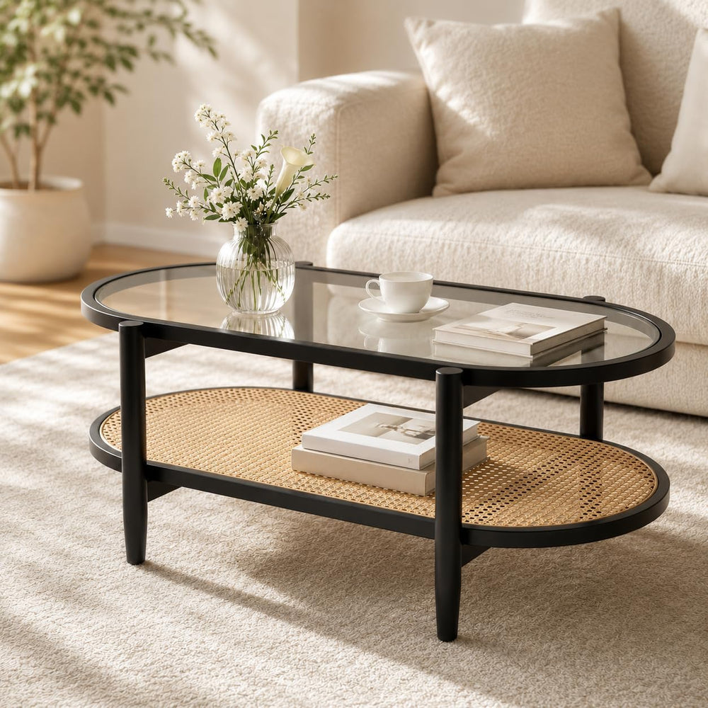 NAFORT Rattan Coffee Table, 2-Tier Oval Modern Center Table with Tempered Gla...