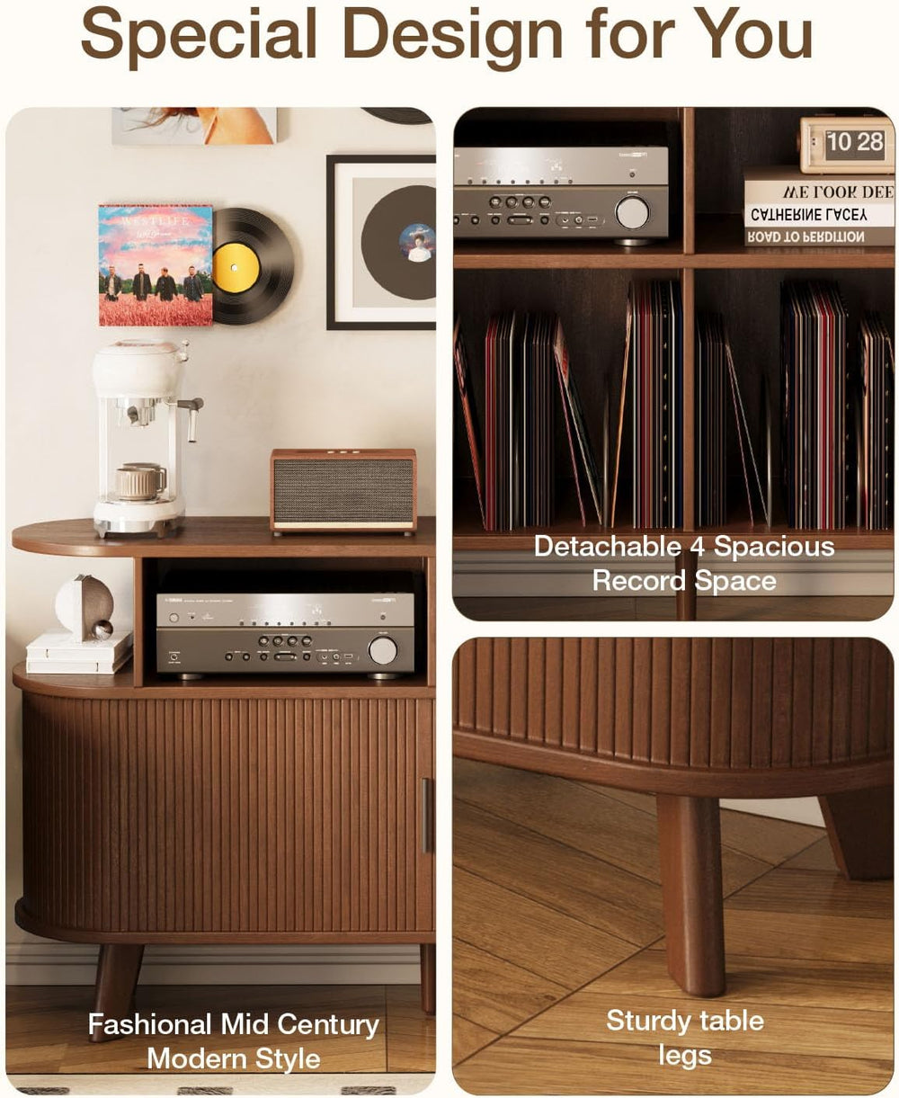 Large Record Player Stand with Sliding Doors, Fluted Media TV Stand