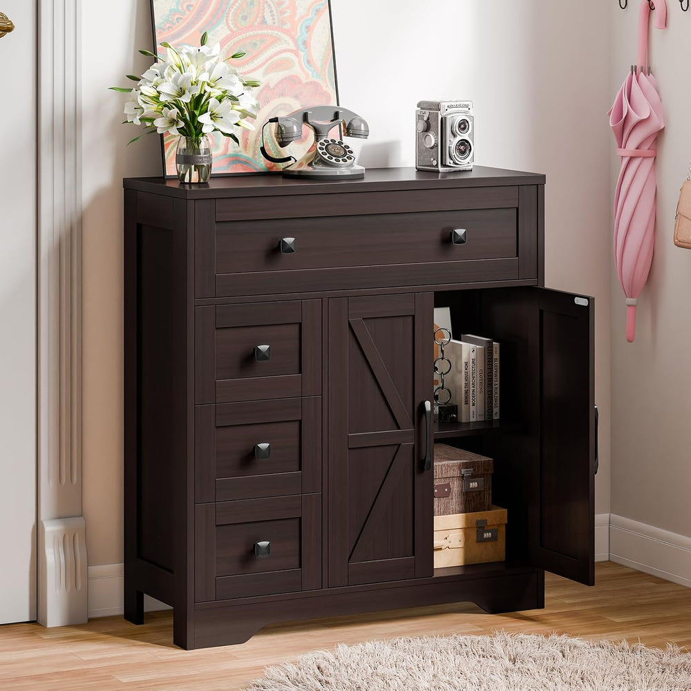 Vabches Farmhouse Storage Cabinet with 2 Doors and 4 Drawers, Espresso