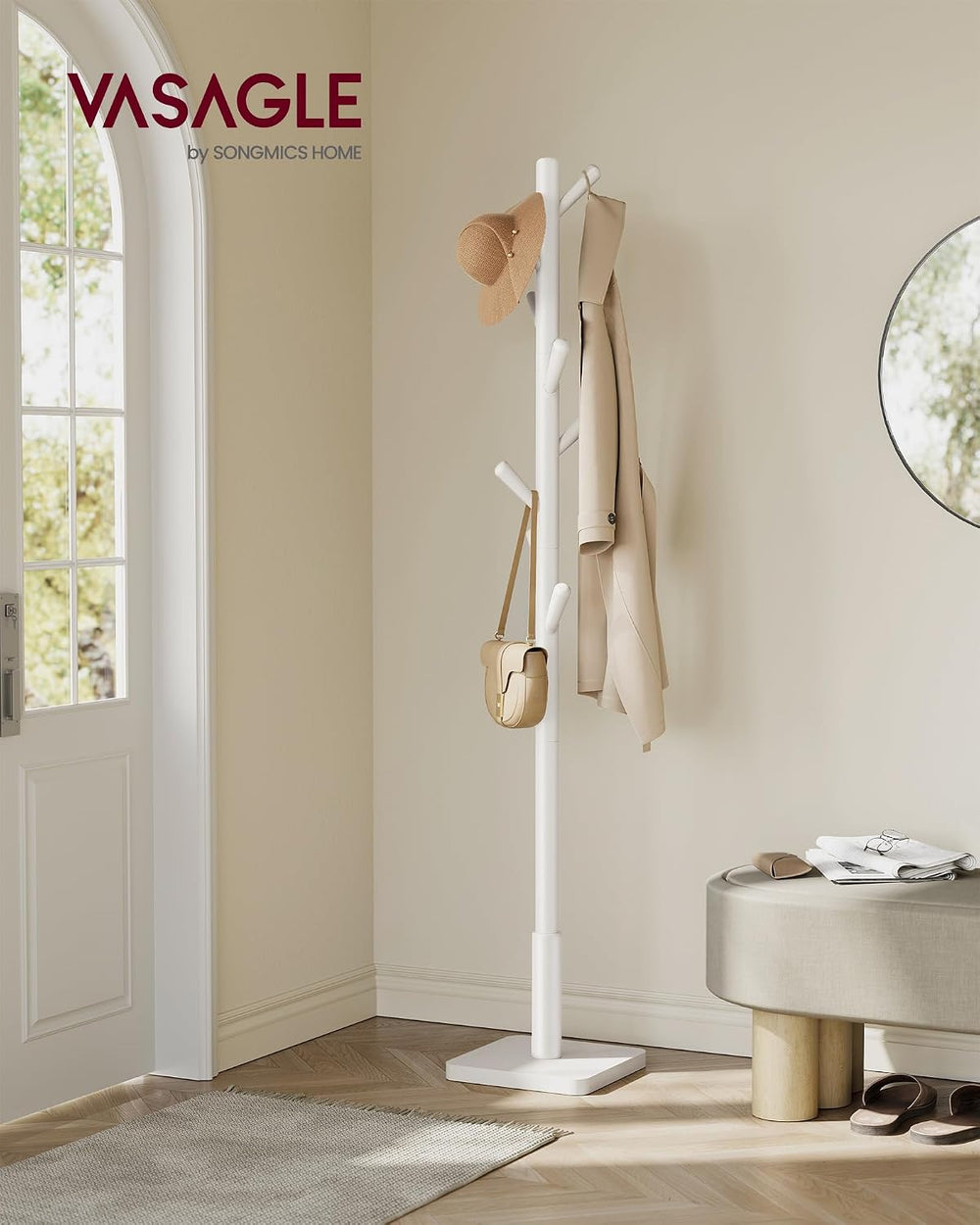 VASAGLE Solid Wood Coat Rack, Free Standing, 8 Hooks, 3 Height Options