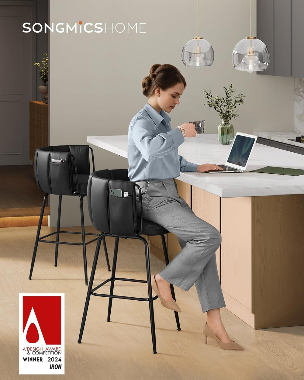 SONGMICS Home Bar Stools Set of 2, 360° Swivel,Bar Height