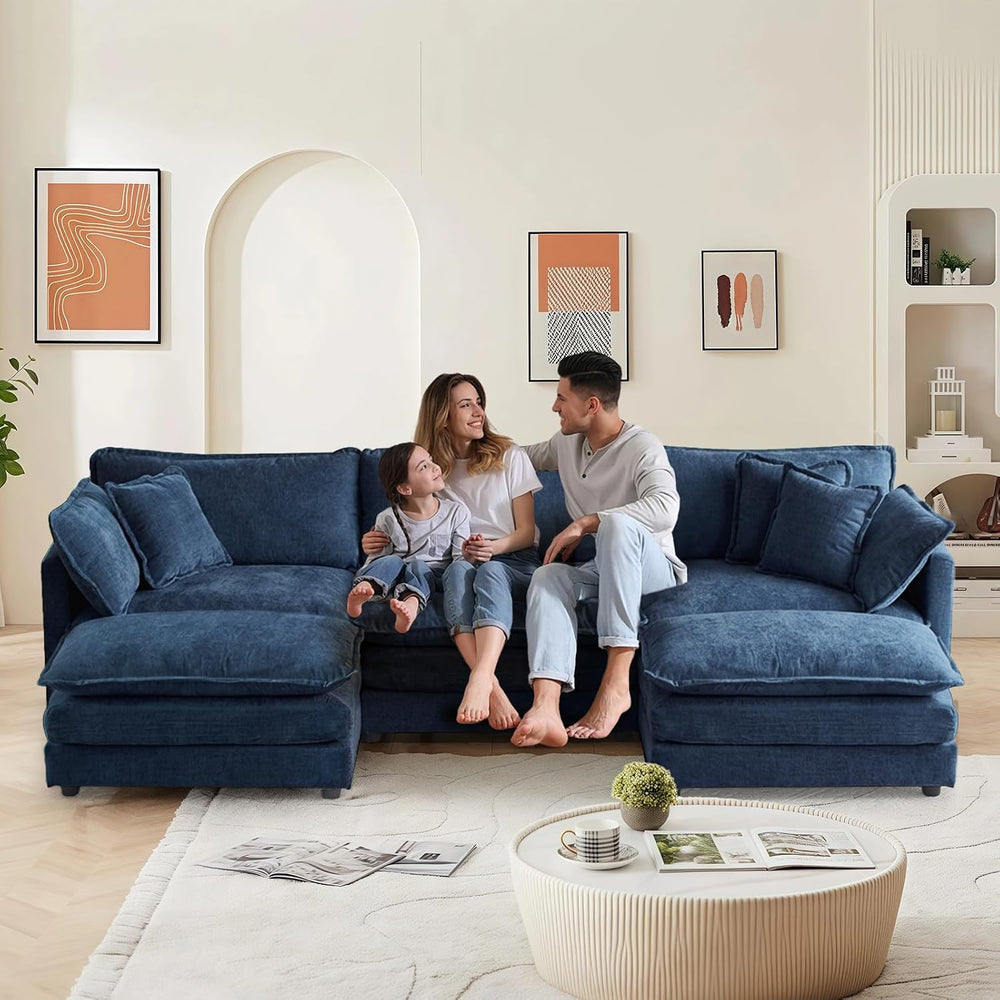 111.5" Modular Sofa 3-Seater Chenille Couch with 2-Ottoman,Blue