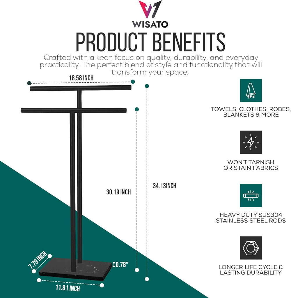 Free Standing Towel Rack - Matte Black Finish with Marble Base