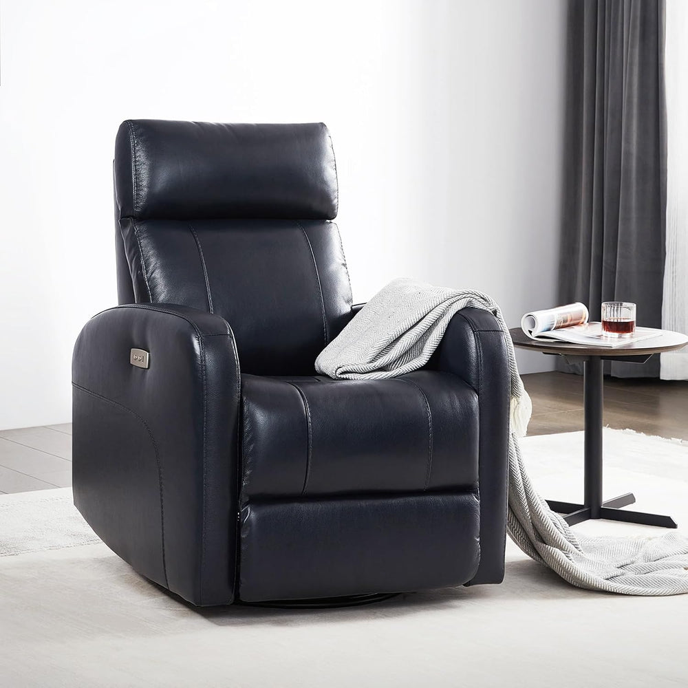 CHITA Genuine Leather Power Recliner Chair for Adults, Swivel Glider, Navy