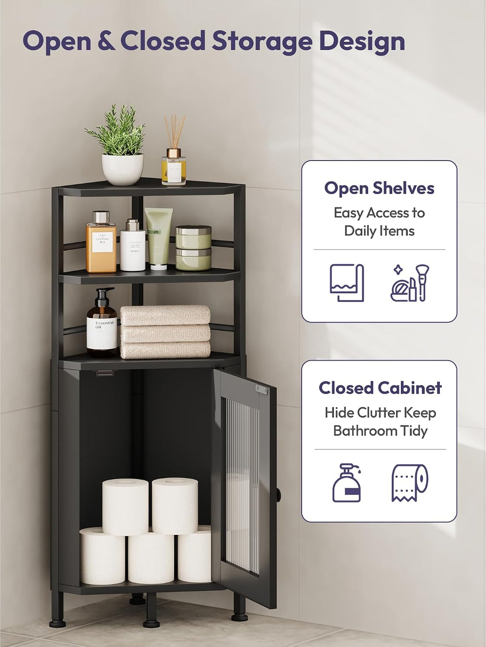 SWTYMIKI Small Corner Bathroom Cabinet - 9.84" x 31.1", Black