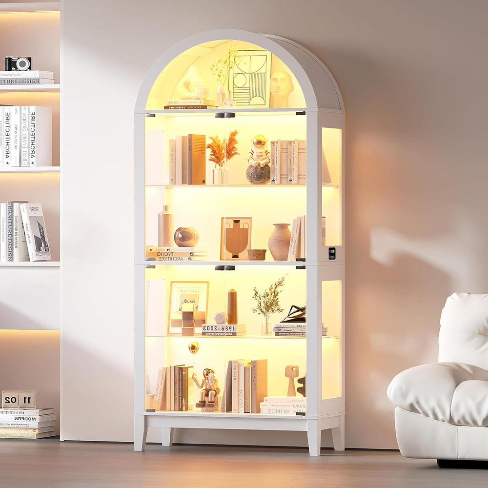 HNEBC Arched Glass Display Cabinet with RGB Dimmable LED Lights, White