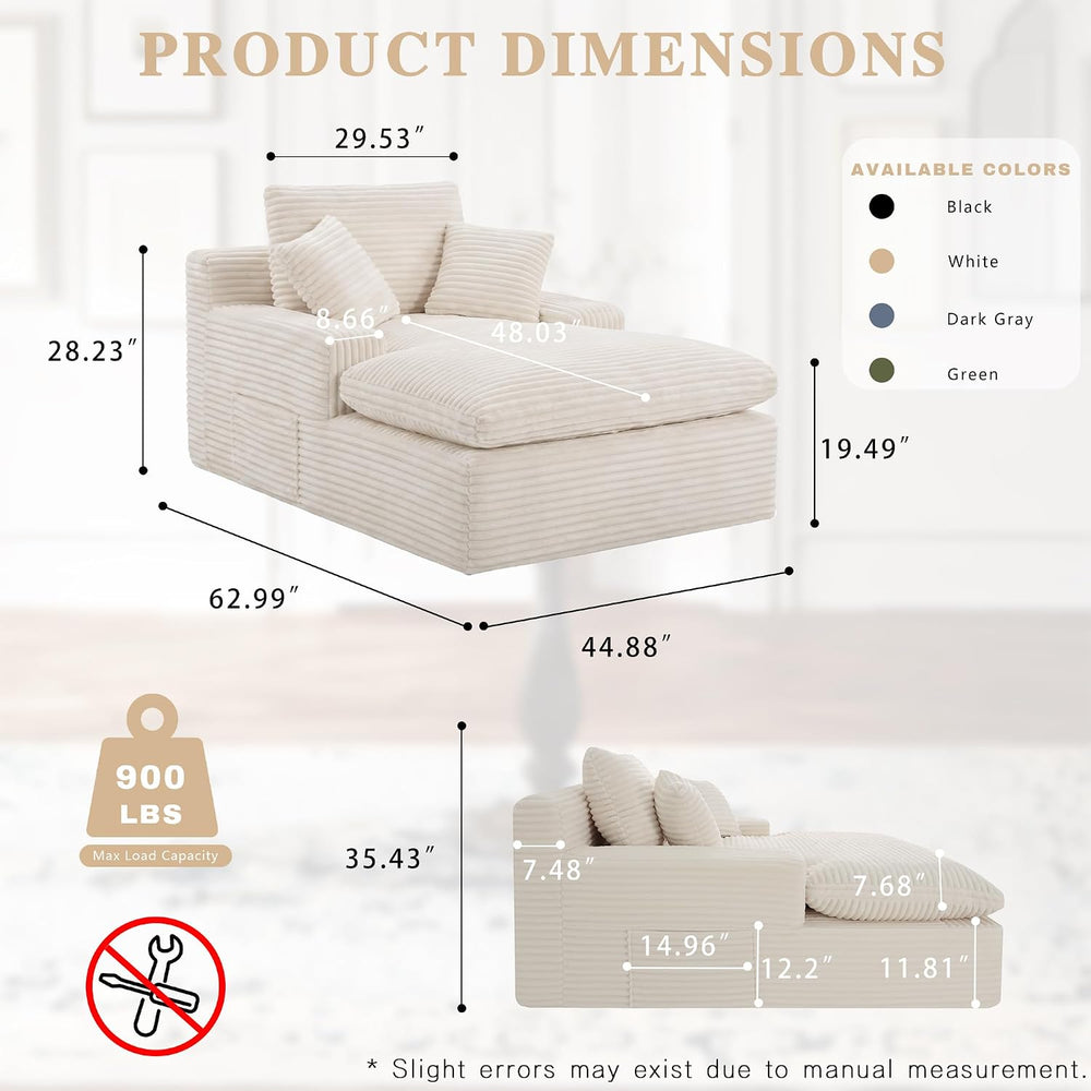 Chaise Lounge Chair Indoor, 63" Boneless Lounge Chair with Plush Corduro...