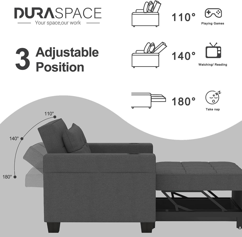 36" 3-in-1 Sleeper Chair, Convertible Pull Out Sofa Bed, Dark Gray Linen