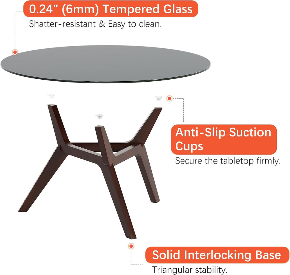 Vlsrka Round Glass Coffee Table, Soild Wood Base, 31.5" W, Walnut