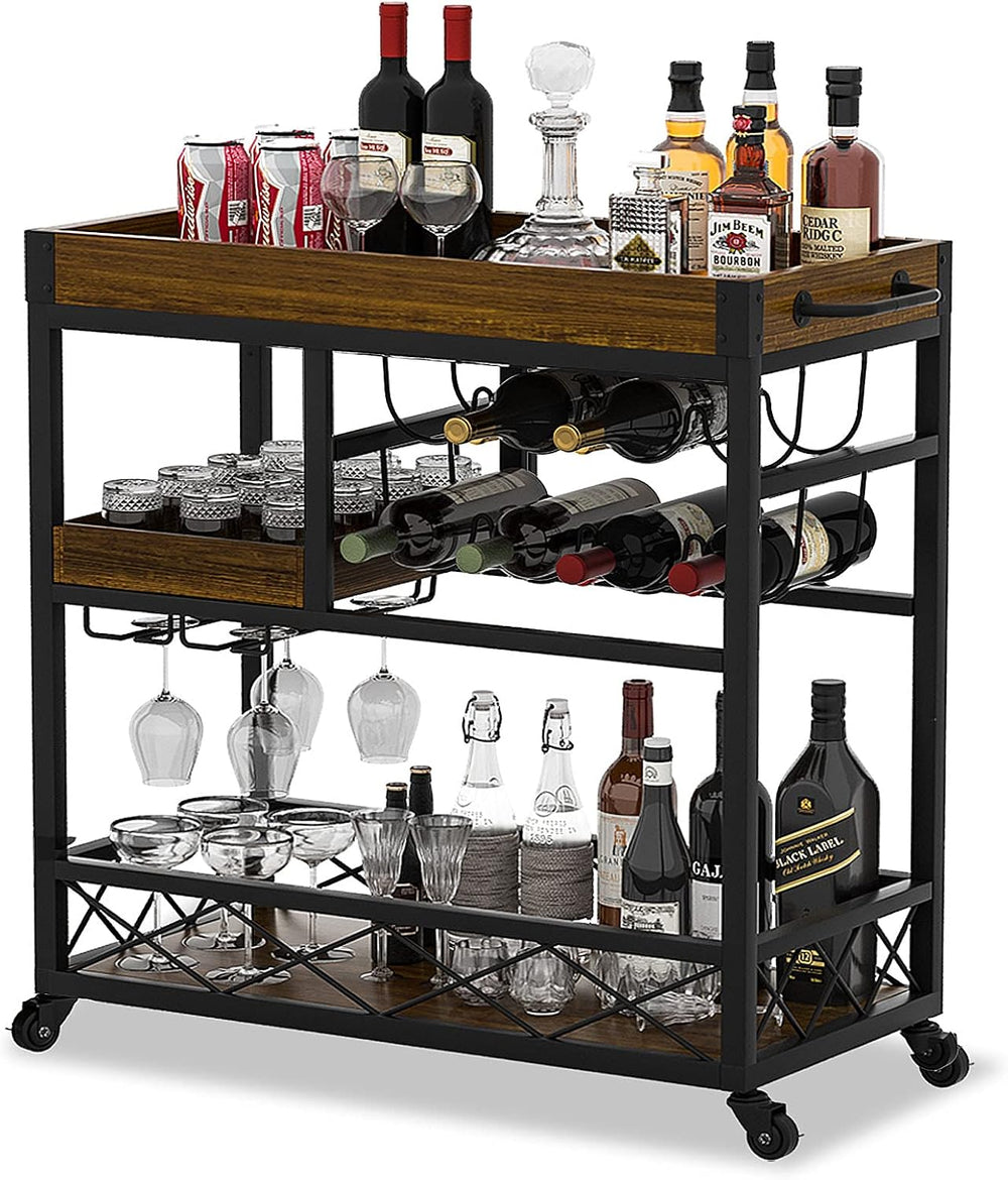 Bar Cart Industrial Mobile Kitchen Serving Carts for Home 3 Tier Storage Trol...