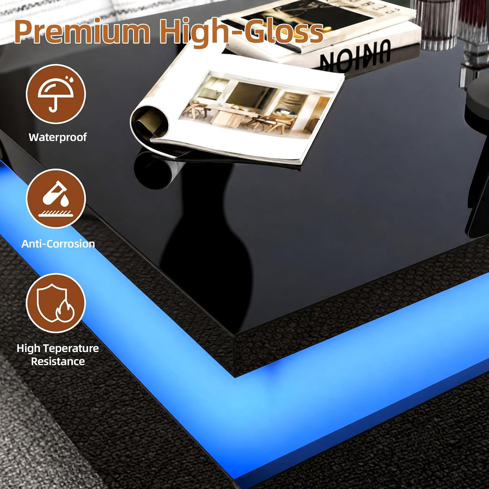 55" Large Lift Top Coffee Table, LED High Glossy Coffee Table Black