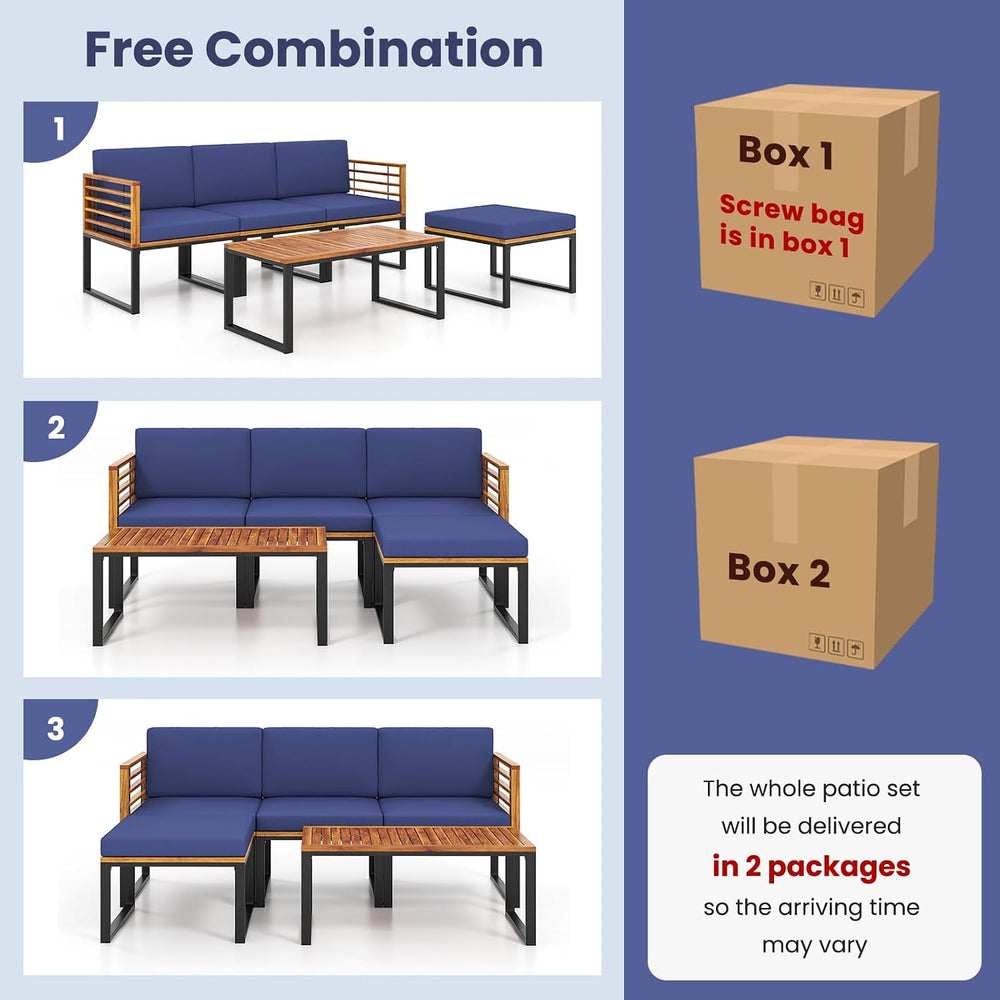 Tangkula 5 Pieces Patio Conversation Set, Acacia Wood Chair Set with Ottoman ...