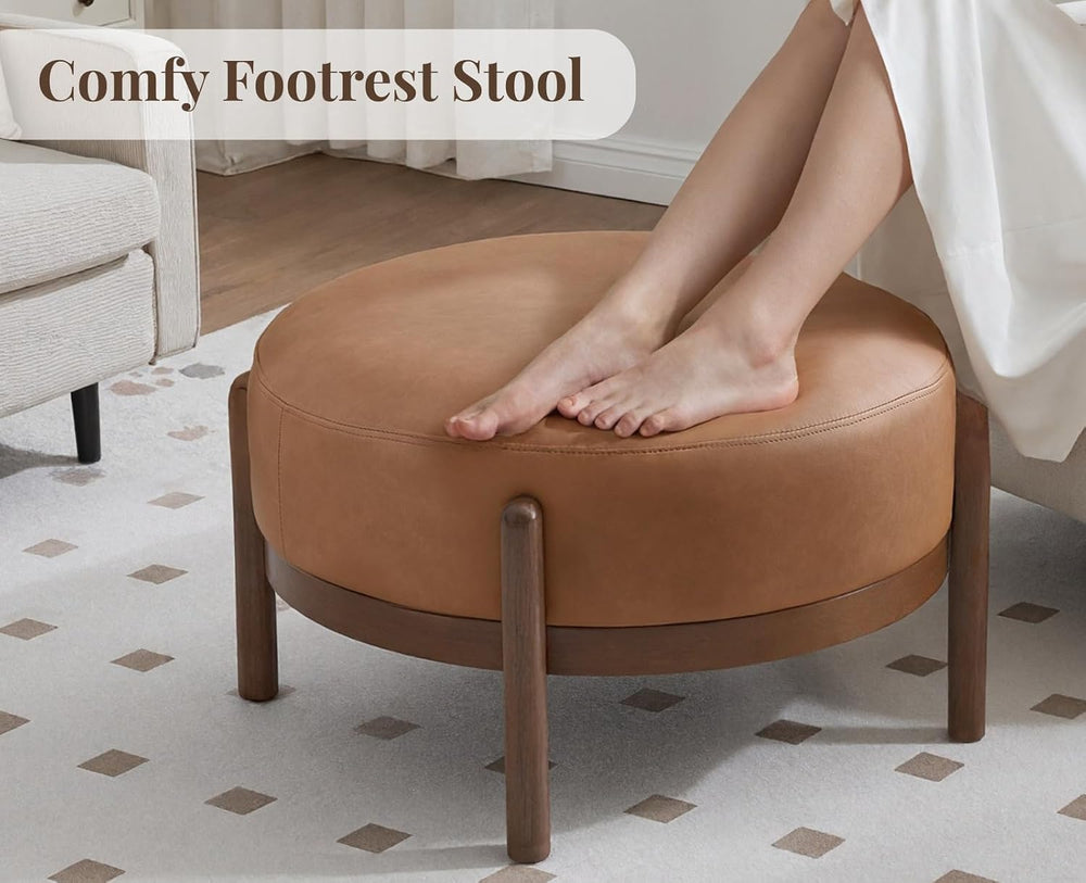 EALSON 29" Round Ottoman Modern Leather Upholstered Footstool Mid Centur...