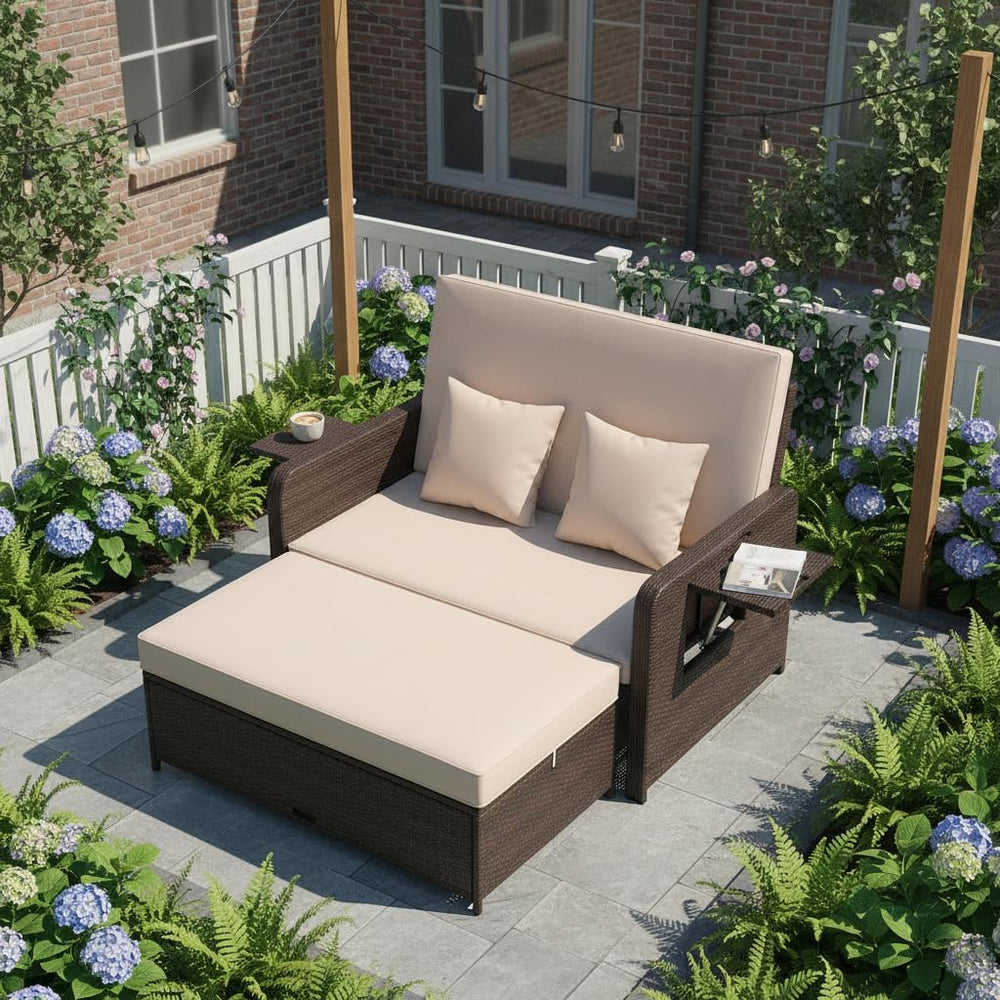 Tangkula 2-Person Patio Rattan Daybed with 4-Level Adjustable Backrest