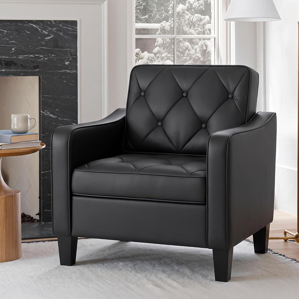 Black Tufted Leather Accent Chairs, Wide Armchairs for Living Room Office