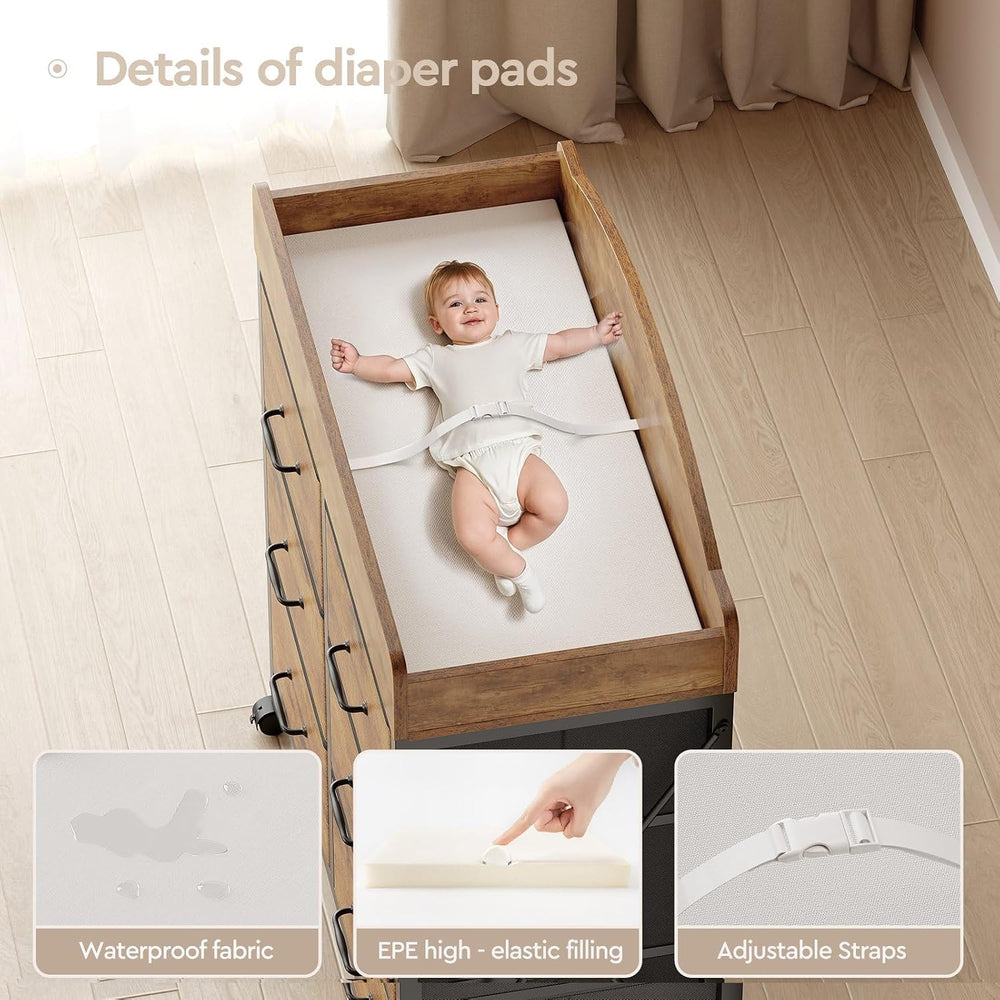 YeTom Changing Table Dresser, 6 Fabric Drawers, Mobile Storage, Brown