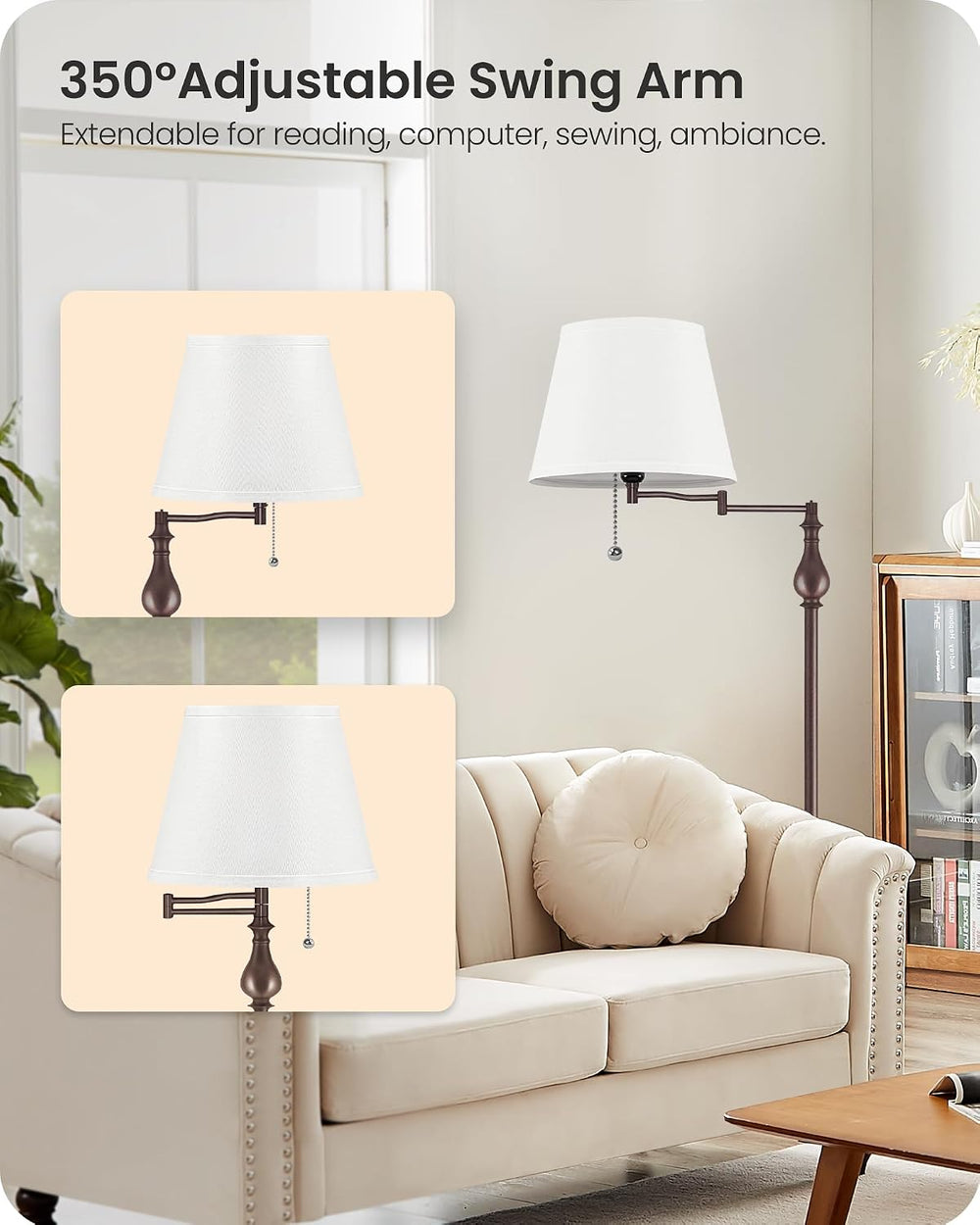 61" Vintage Floor Lamp with Adjustable Swing Arm,Rustic Brown & Whit...