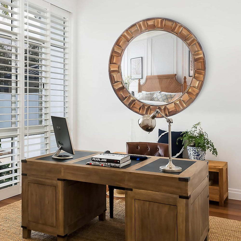 36 Inch Large Round Solid Wood Wall Mirror