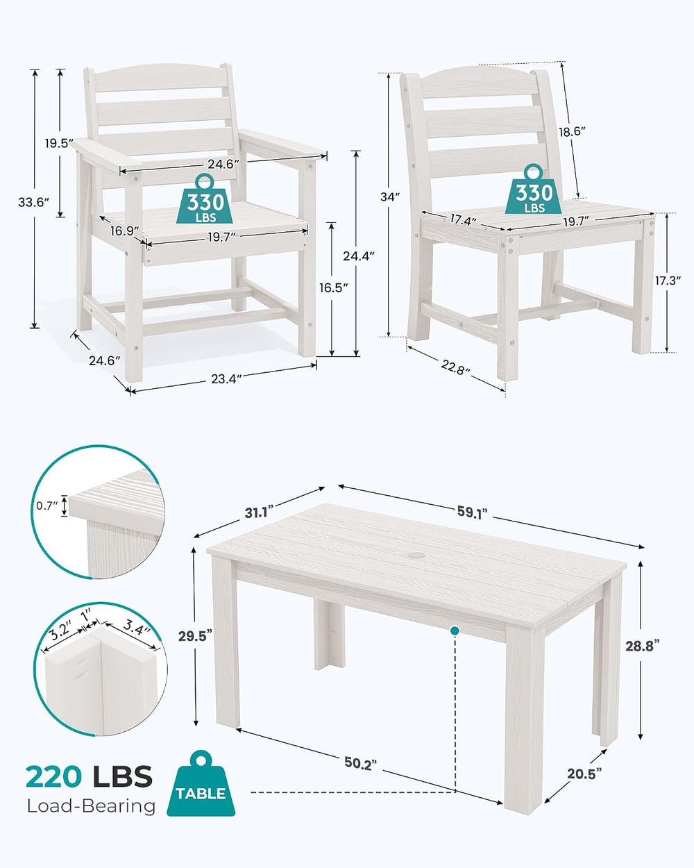 SERWALL 59" Patio Dining Set for 6, w/ 1 Table & 6 Chairs, White