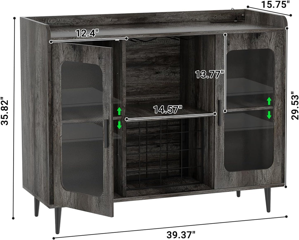 Coffee Bar Cabinet with Power Outlets and LED Light, Black Oak