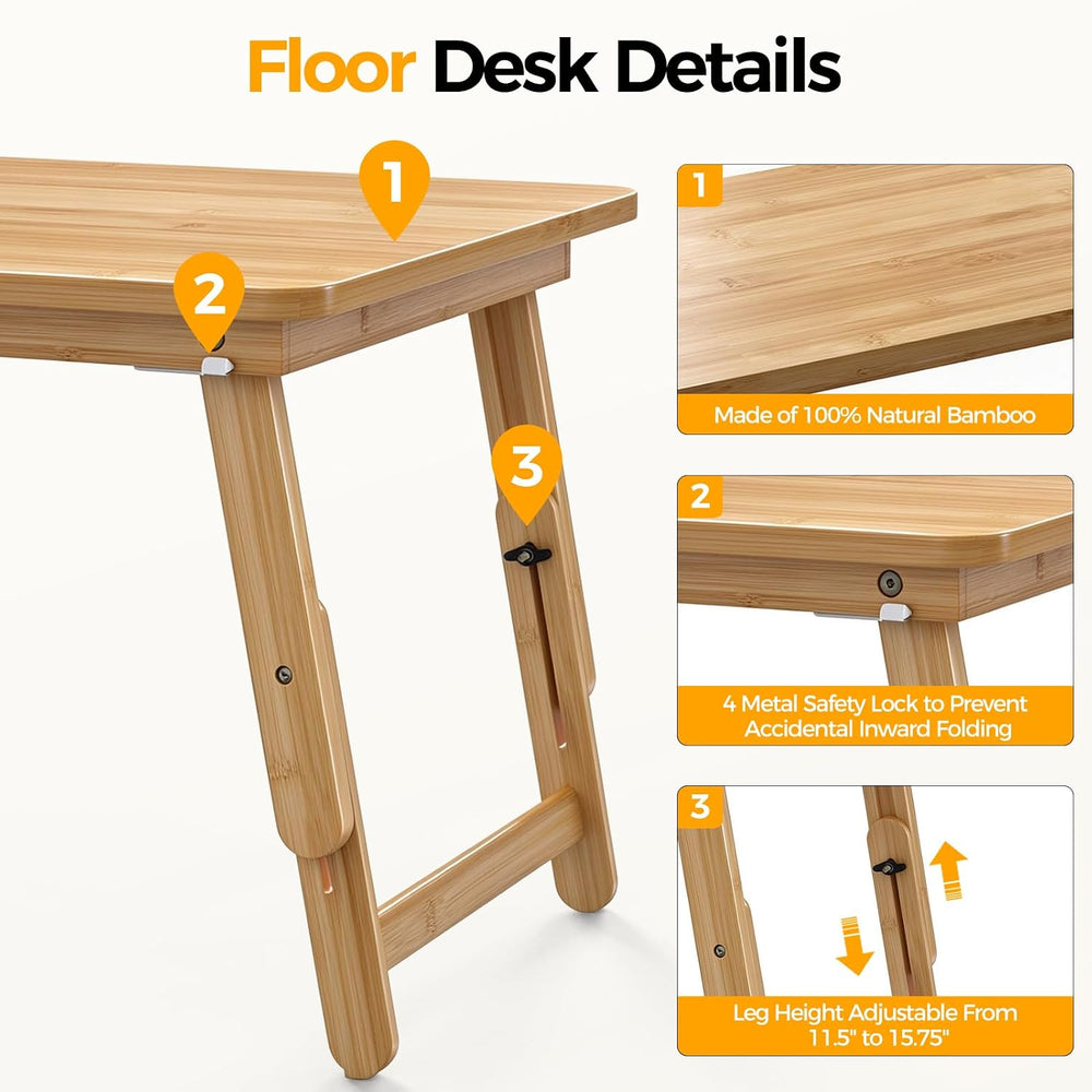 Large Size Bamboo Floor Desk, Adjustable Foldable Lap Desk 33.5x17.7in