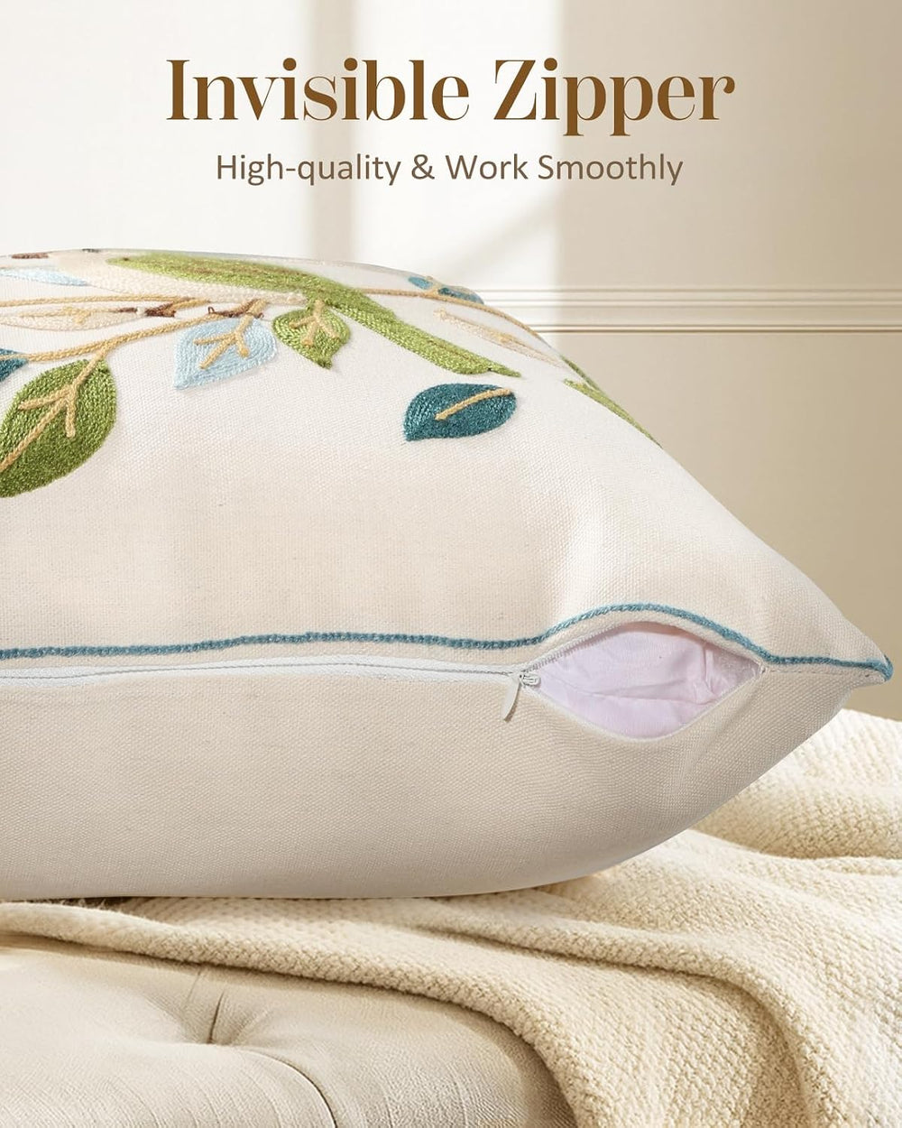 Animal Embroidered Throw Pillow Covers 18x18 Inch, Birds Leaves