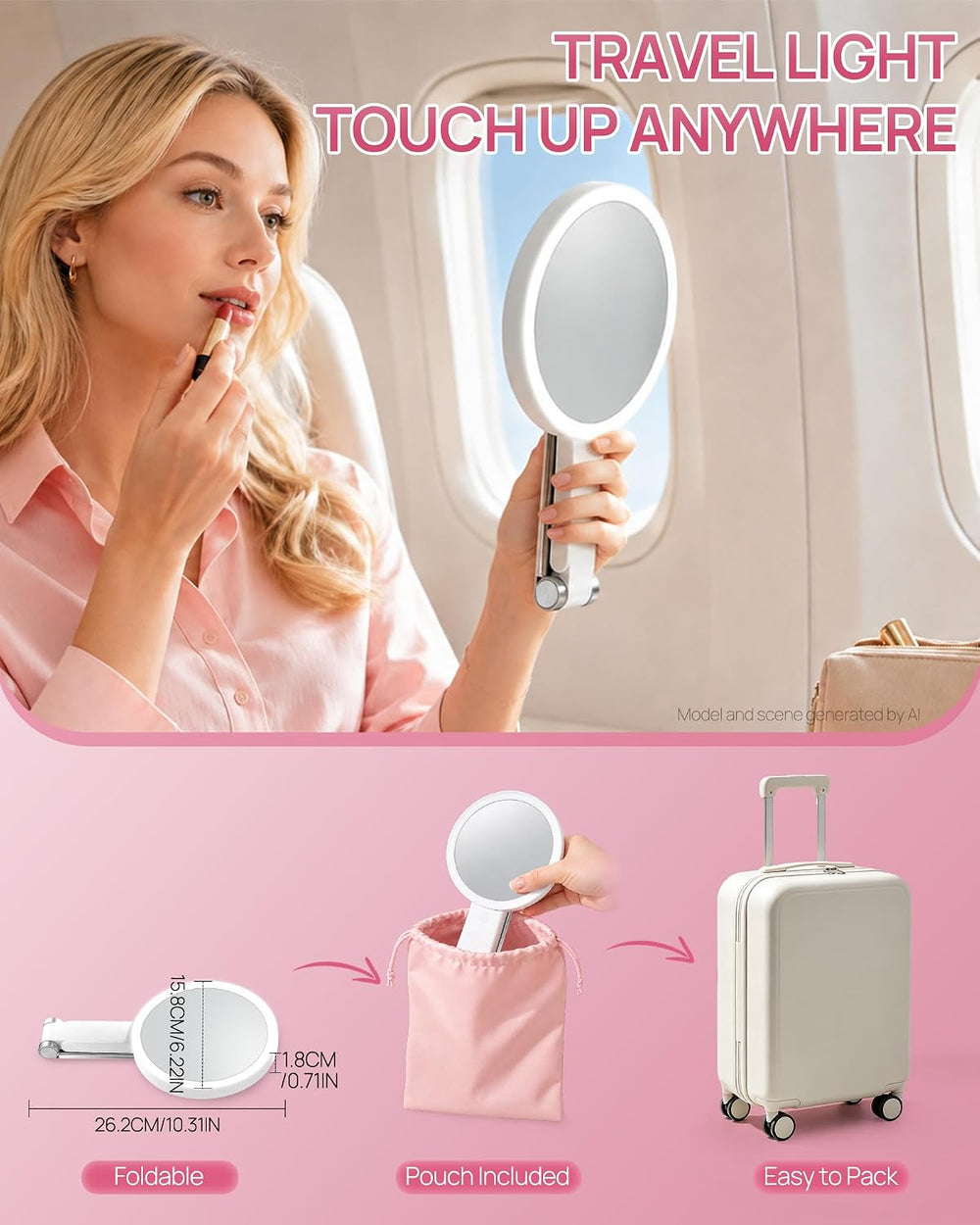 Buqikma Travel Lighted Makeup Mirror 1X/10X Magnifying Mirror with Lights